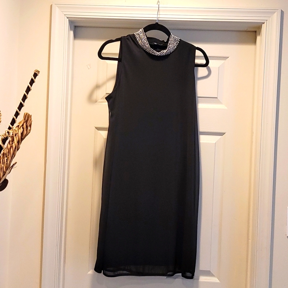 Nik & Nash Elegant Black Shift Dress with Beaded Neckline Mother of the bride